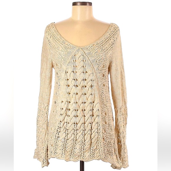 Free People Crochet Cable Wide Knit Bell Sleeve Sweater - Picture 7 of 11